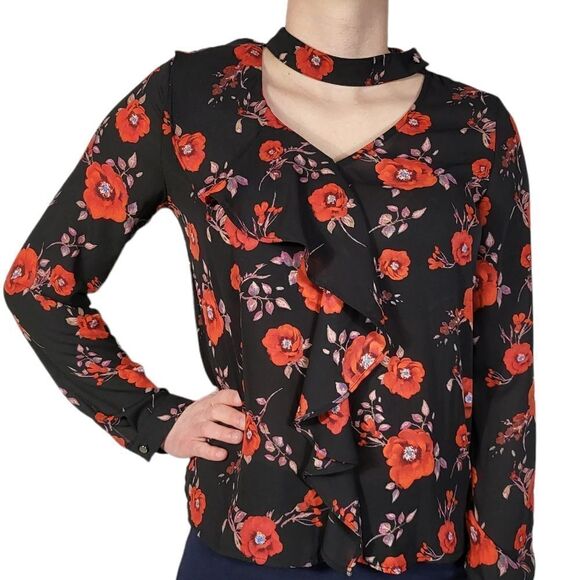 Lipslide Black Floral Neck Choker Long Sleeve Top - Picture 6 of 7